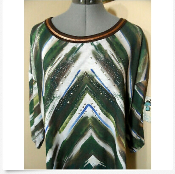 FRENCH BLUE Rhinestone Blouse M Green Brown fancy - Picture 3 of 8